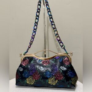 Colorful Rose Embossed Cowhide Handmade Top Handle & Double Kisslock Frame Bag